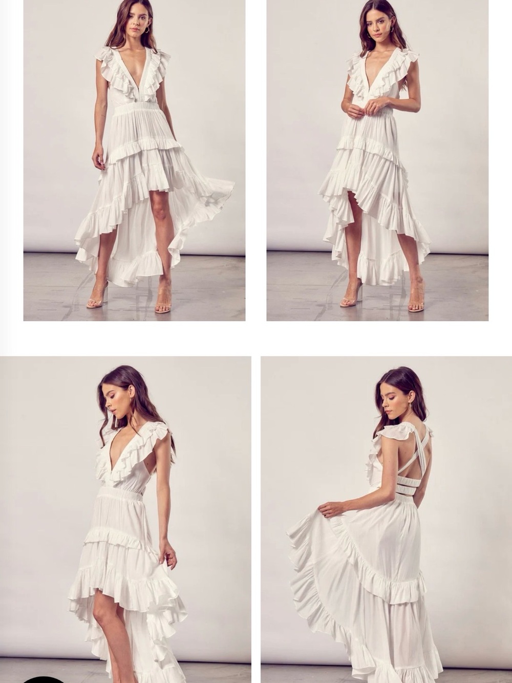 FASHION WHITE V-NECK HIGH LOW RUFFLE CROSS OPEN BACK SLEEVELESS MAXI DRESS - Picture 9 of 10